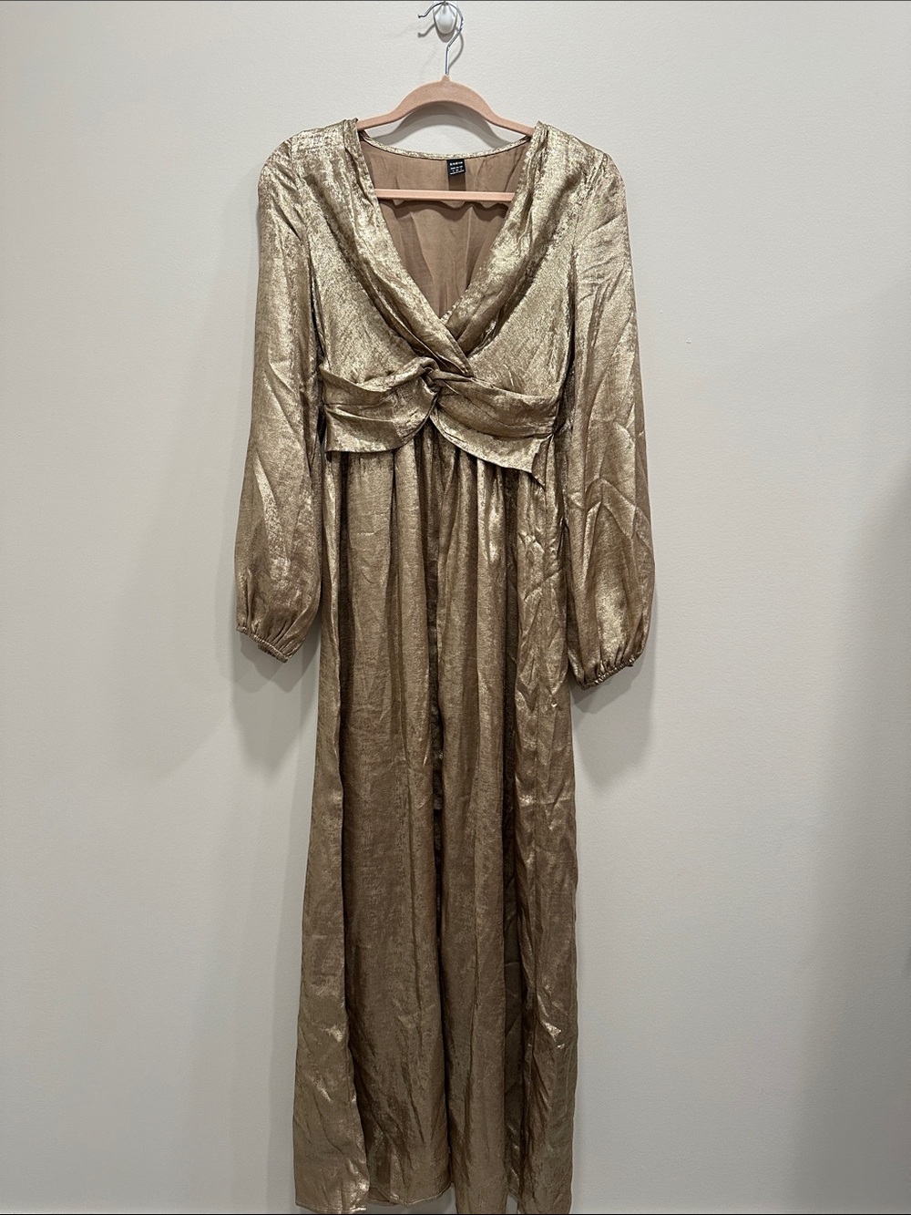 SHEIN Metallic Gold Long Sleeve Maxi Twist-Front Dress